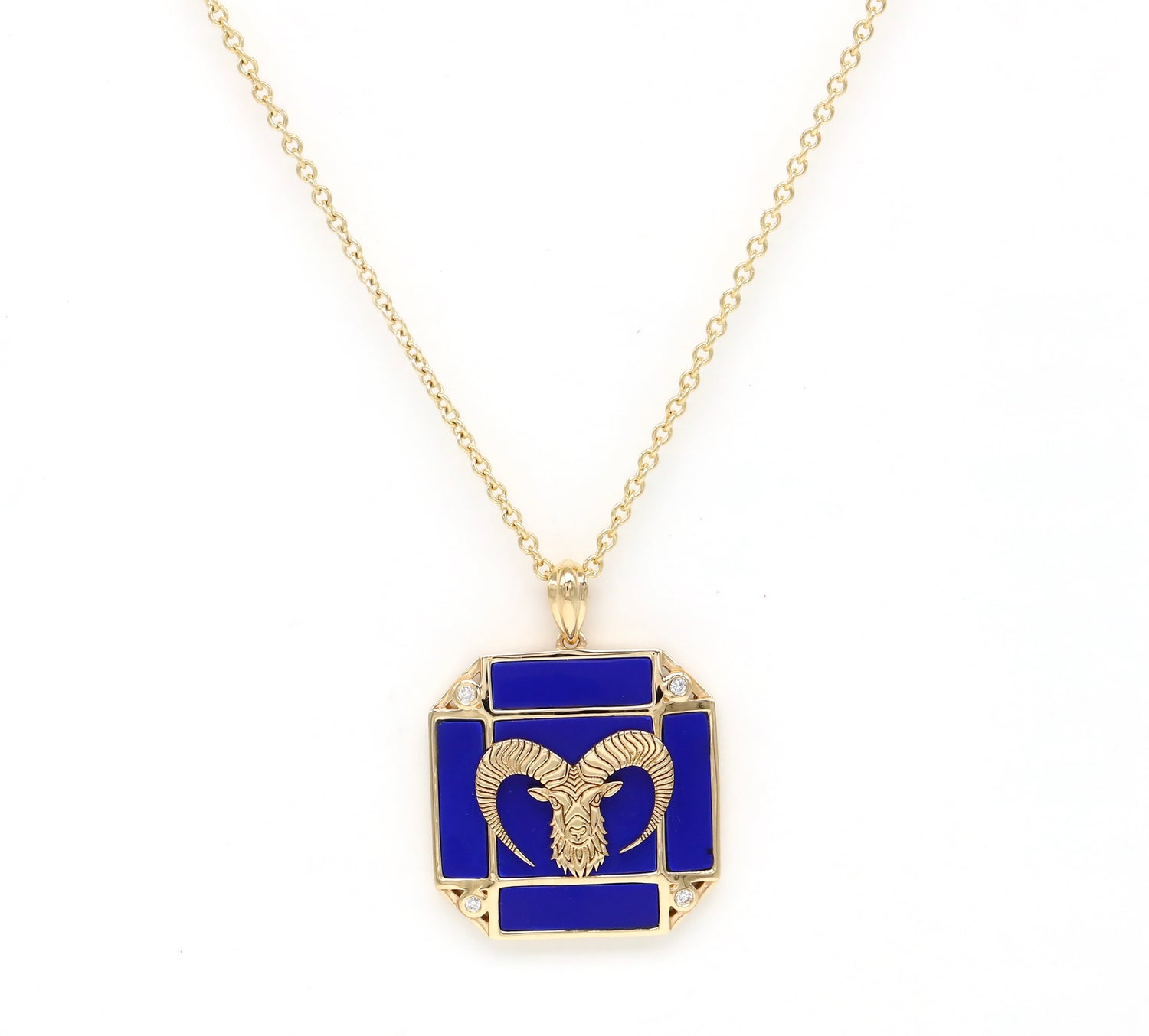 14K Gold Lapis & Diamond Aries Horoscope Square Pendant Necklace