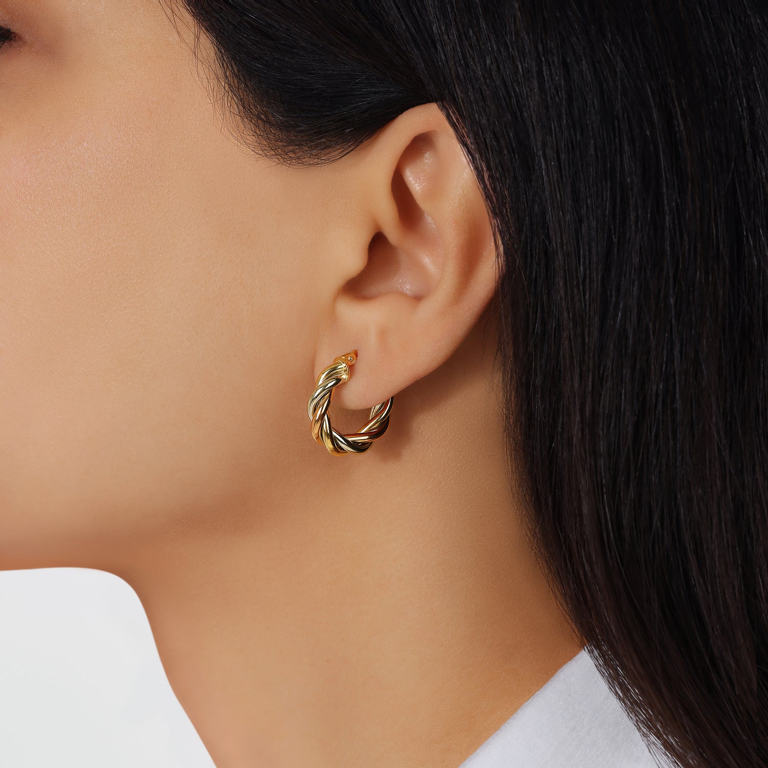 14K Gold Tri Color Twisted Hoop Earrings