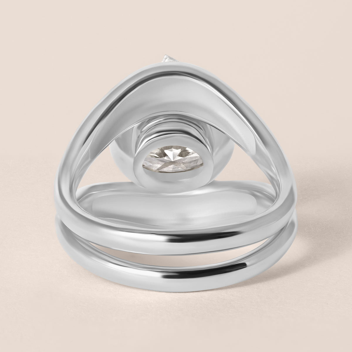 Back view of Liora oval bezel engagement ring stacked with a plain metal contour band in white gold or platinum showcasing the integrated flush fit.