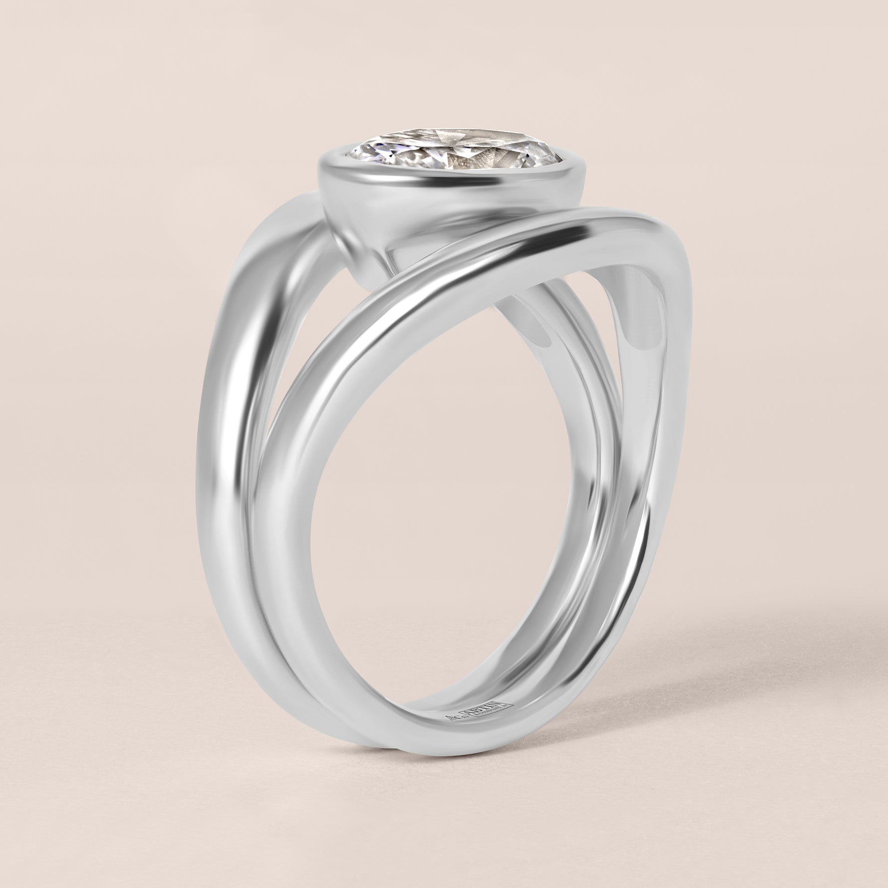 Side profile view of Liora oval bezel engagement ring stacked flush with a plain contour band in white gold or platinum.