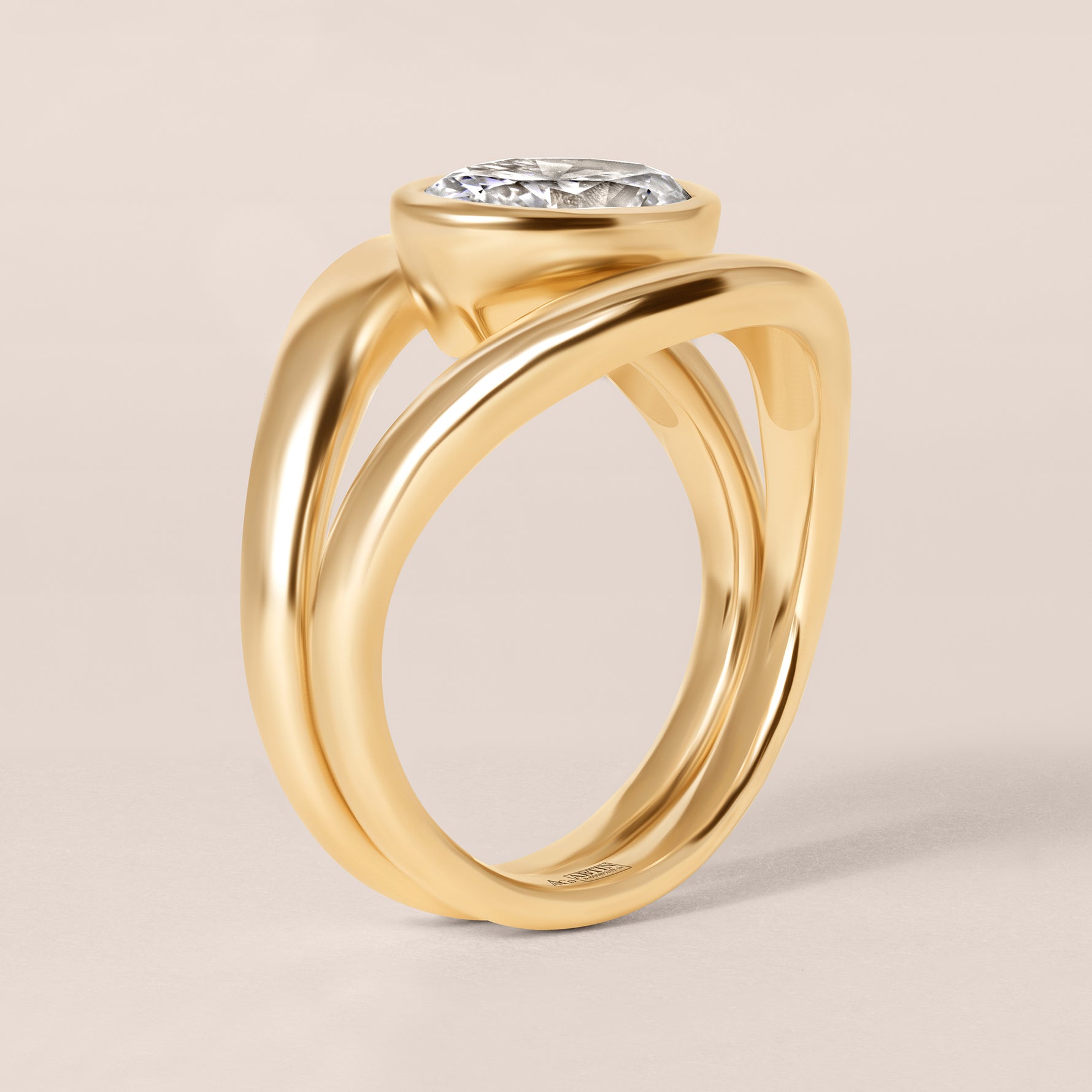 Side profile view of Liora oval bezel engagement ring in 18K rose gold highlighting the fluid architectural setting.