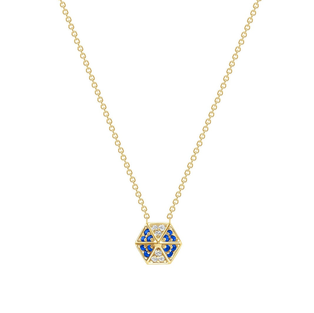 14k Yellow Gold Hexagon Diamond & Blue Sapphire Necklace - Abtin & Company 
