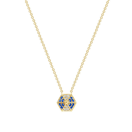 14k Yellow Gold Hexagon Diamond & Blue Sapphire Necklace - Abtin & Company 