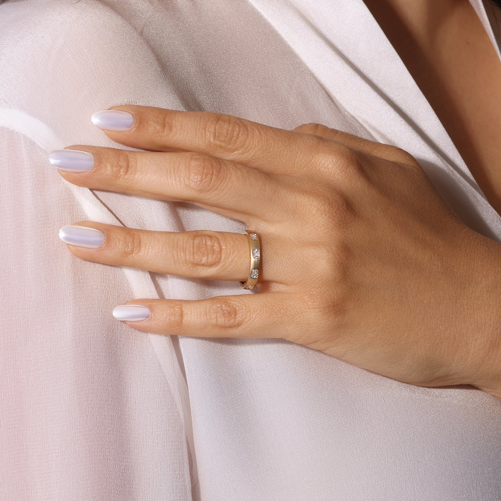 Dome Dot Flush Set Emerald Cut Diamond Ring