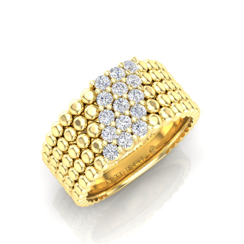 14K Yellow Gold Modern Three Rows Beaded Pattern Prong Set Diamond Band Ring - Abtin & Company 