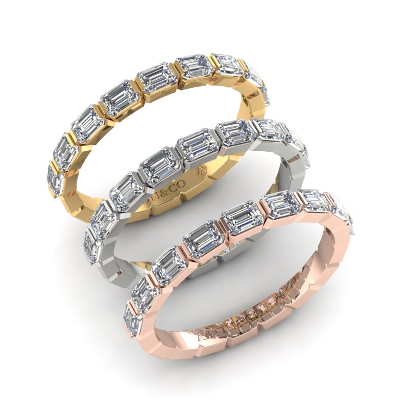 14K Gold Emerald Cut Halfway East West Eternity Modern Prong Set Lab Grown Diamond Wedding Band Ring - Abtin & Company 