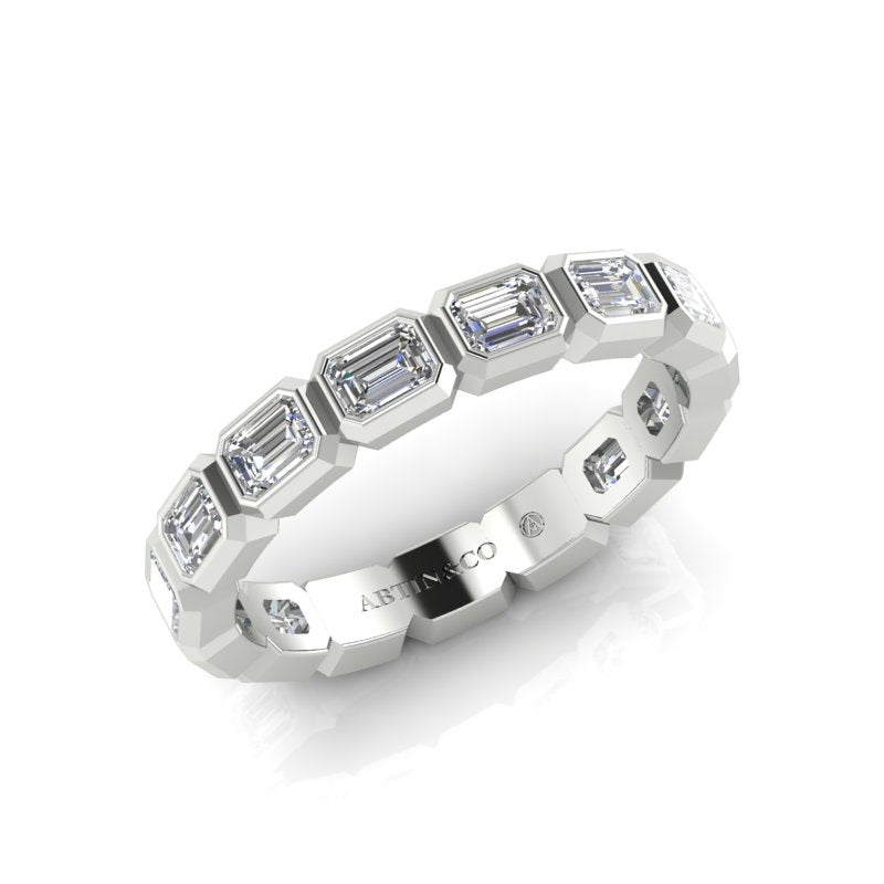 14K Gold Emerald Cut Three Quarter Way East West Eternity Bezel Set Lab Grown Diamond Wedding Band Ring - Abtin & Company 