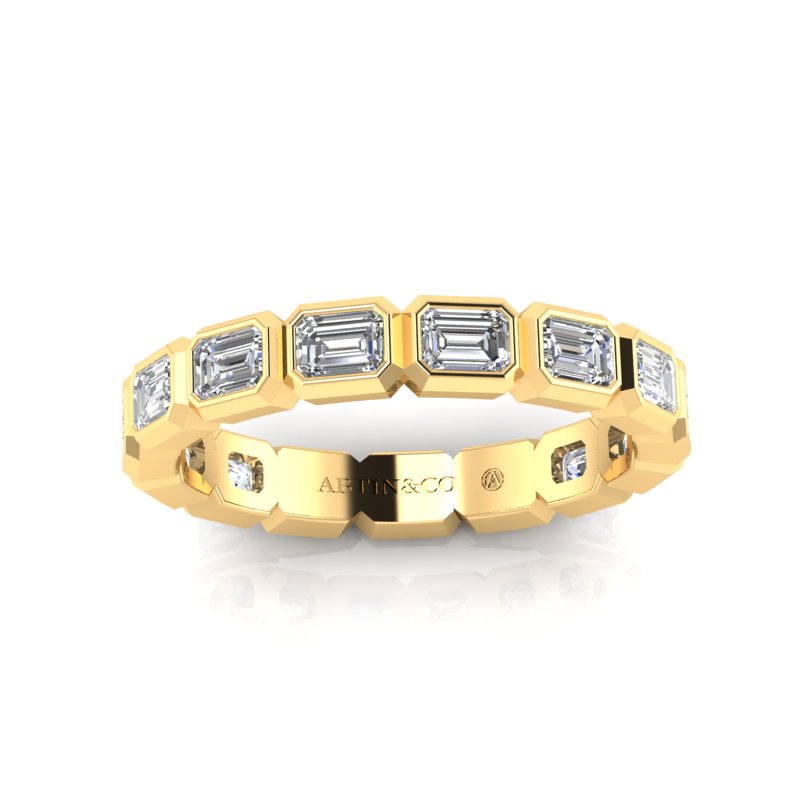 14K Gold Emerald Cut Three Quarter Way East West Eternity Bezel Set Lab Grown Diamond Wedding Band Ring - Abtin & Company 