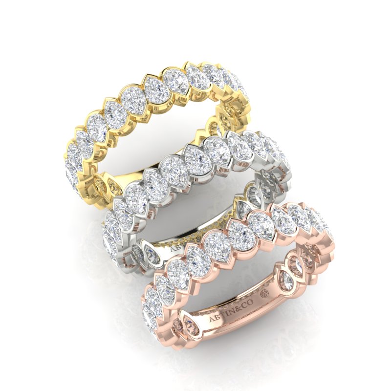 14K Gold Pear Cut Three Quarter Way Eternity Modern Half Bezel Set Lab Grown Diamond Wedding Band Ring - Abtin & Company 
