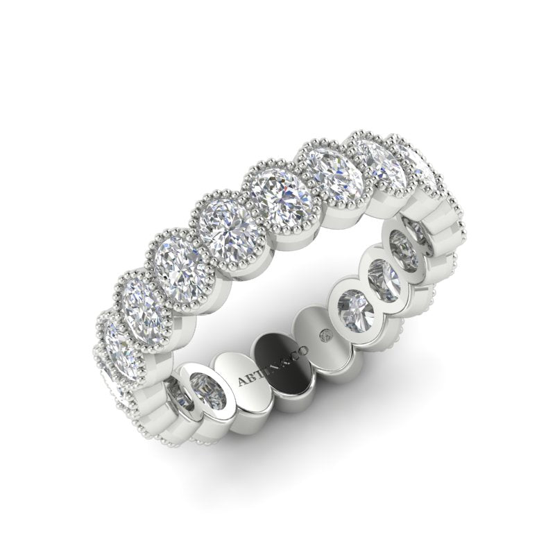 14K Gold Oval Cut Three Quarter Way Eternity Milgrain Bezel Set Lab Grown Diamond Wedding Band Ring - Abtin & Company 