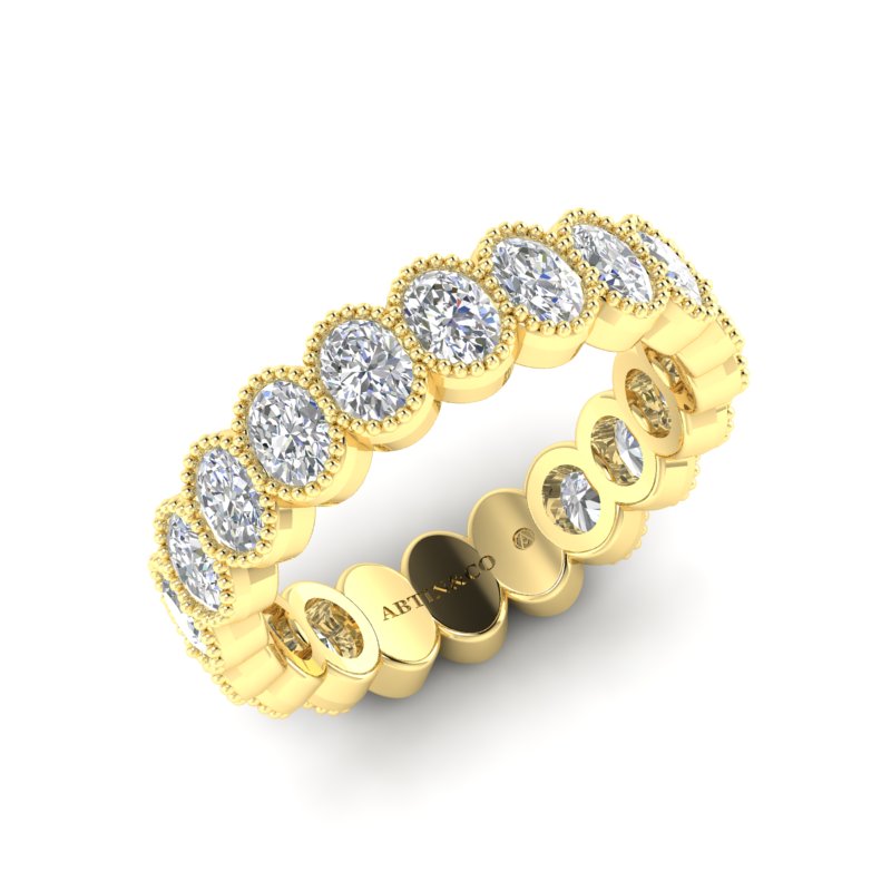 14K Gold Oval Cut Three Quarter Way Eternity Milgrain Bezel Set Lab Grown Diamond Wedding Band Ring - Abtin & Company 