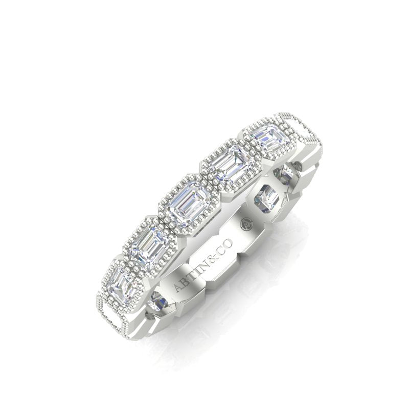 14K Gold Emerald Cut Three Quarter Way East West Eternity Milgrain Bezel Set Lab Grown Diamond Wedding Band Ring - Abtin & Company 