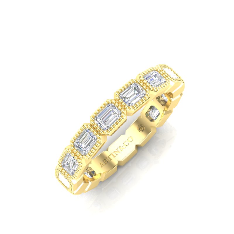 14K Gold Emerald Cut Three Quarter Way East West Eternity Milgrain Bezel Set Lab Grown Diamond Wedding Band Ring - Abtin & Company 
