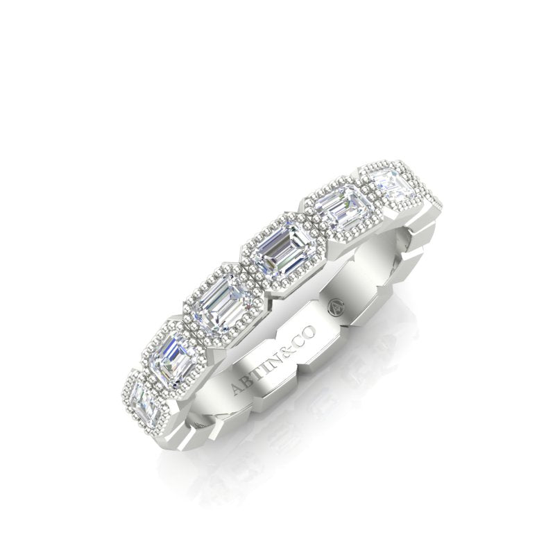 14K Gold Emerald Cut Halfway East West Eternity Milgrain Bezel Set Lab Grown Diamond Wedding Band Ring - Abtin & Company 