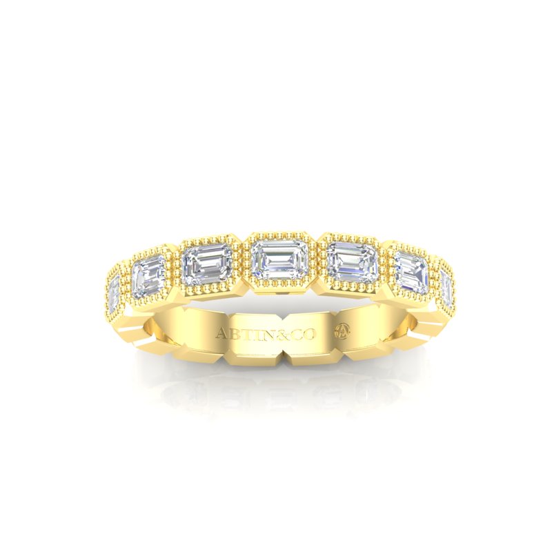 14K Gold Emerald Cut Halfway East West Eternity Milgrain Bezel Set Lab Grown Diamond Wedding Band Ring - Abtin & Company 