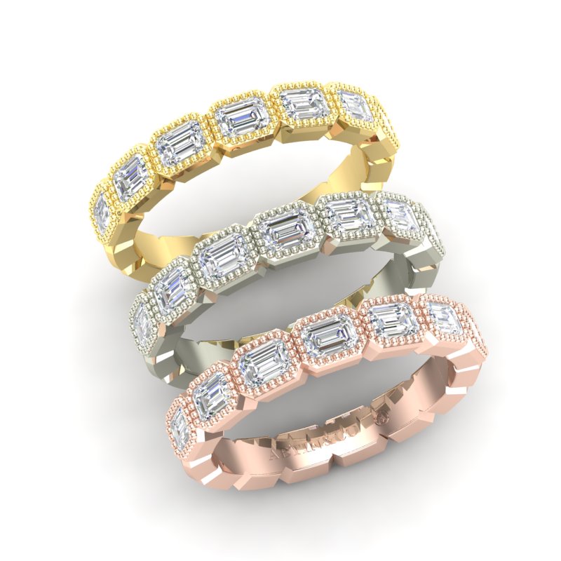 14K Gold Emerald Cut Halfway East West Eternity Milgrain Bezel Set Lab Grown Diamond Wedding Band Ring - Abtin & Company 