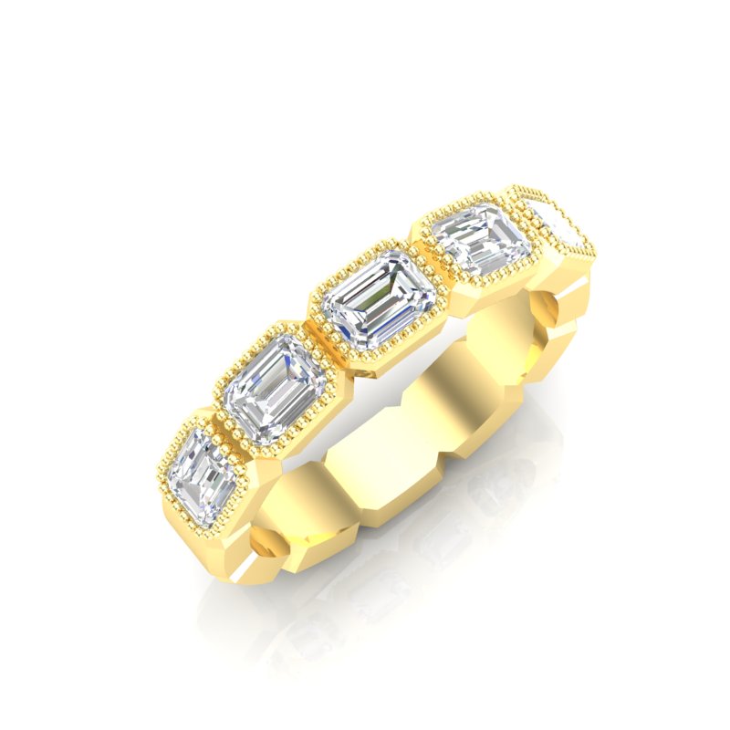14K Gold Emerald Cut Three Quarter Way East West Eternity Milgrain Bezel Set Lab Grown Diamond Wedding Band Ring - Abtin & Company 