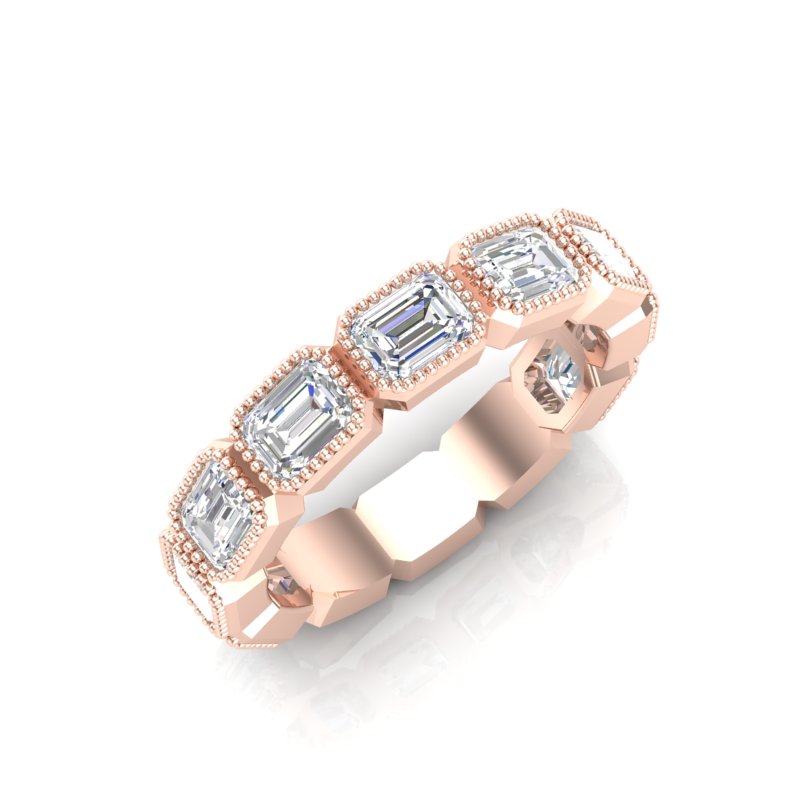 14K Gold Emerald Cut Halfway East West Eternity Milgrain Bezel Set Lab Grown Diamond Wedding Band Ring - Abtin & Company 