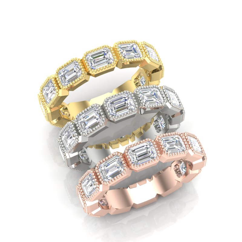 14K Gold Emerald Cut Three Quarter Way East West Eternity Milgrain Bezel Set Lab Grown Diamond Wedding Band Ring - Abtin & Company 