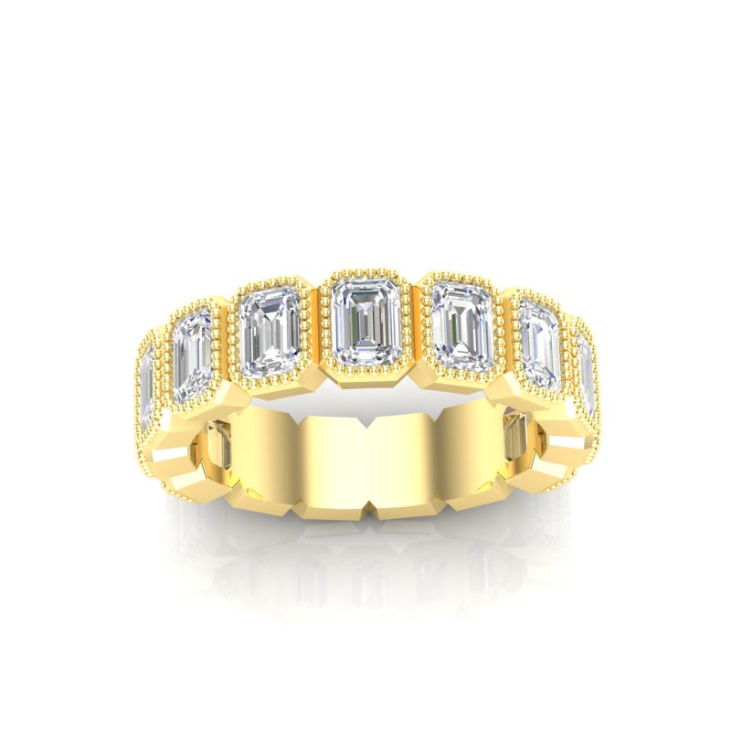 14K Gold Emerald Cut Three Quarter Way Vertical Eternity Milgrain Bezel Set Lab Grown Diamond Wedding Band Ring - Abtin & Company 