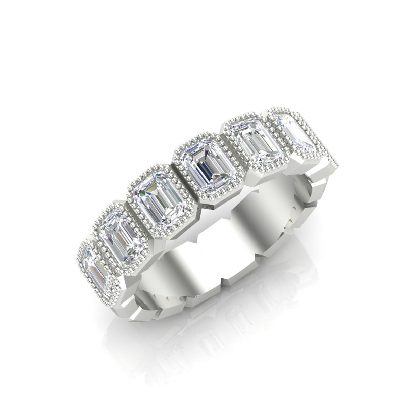14K Gold Emerald Cut Halfway Vertical Eternity Milgrain Bezel Set Lab Grown Diamond Wedding Band Ring - Abtin & Company 