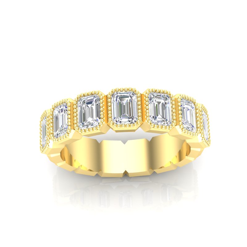 14K Gold Emerald Cut Halfway Vertical Eternity Milgrain Bezel Set Lab Grown Diamond Wedding Band Ring - Abtin & Company 