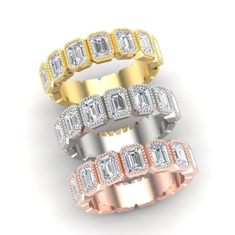 14K Gold Emerald Cut Halfway Vertical Eternity Milgrain Bezel Set Lab Grown Diamond Wedding Band Ring - Abtin & Company 