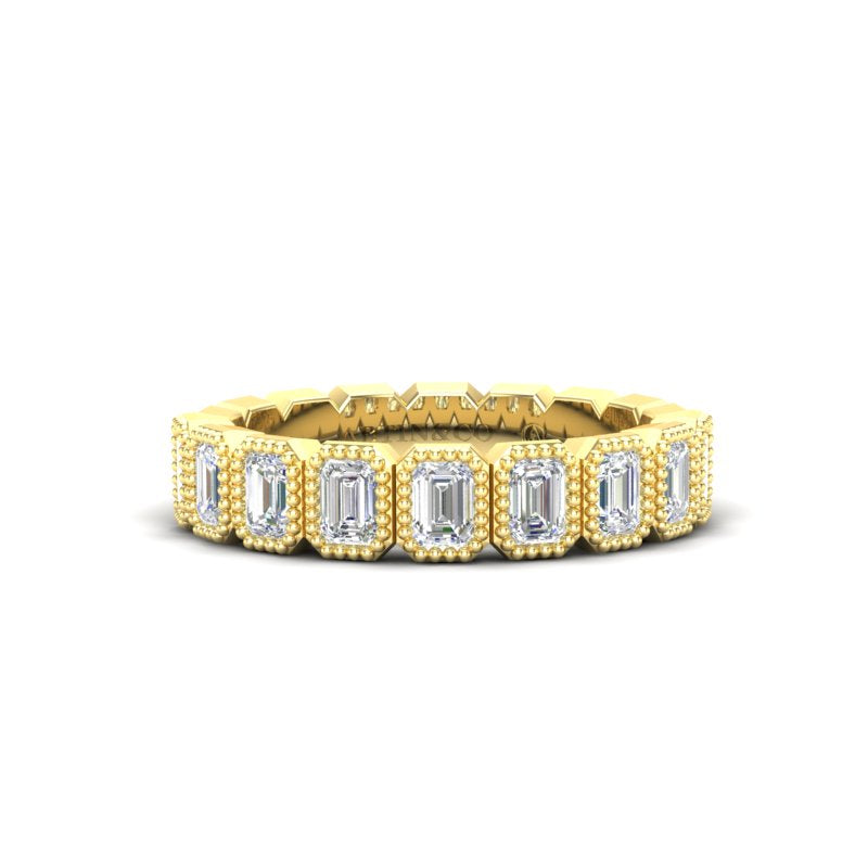 14K Gold Emerald Cut Halfway Vertical Eternity Milgrain Bezel Set Lab Grown Diamond Wedding Band Ring - Abtin & Company 