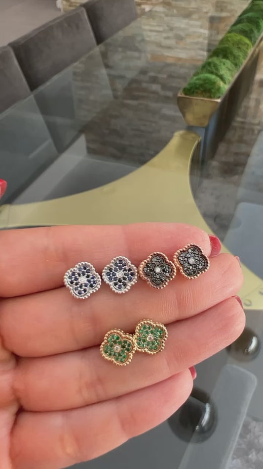14K Gold Black Diamond & Diamond Floral Studs Earrings