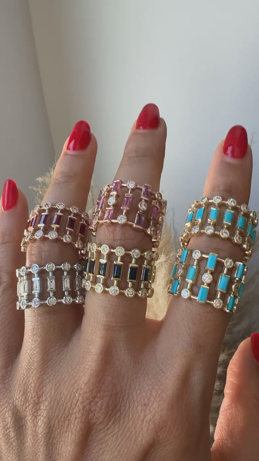 14K Yellow Gold Diamond & Turquoise Lace Cigar Ring
