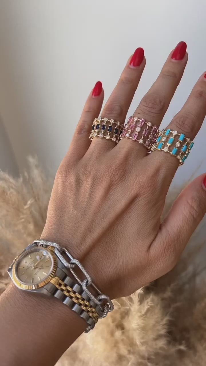 14K Yellow Gold Diamond & Blue Sapphire Lace Cigar Ring