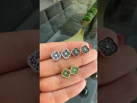 14K Gold Emerald & Diamond Floral Studs Earrings