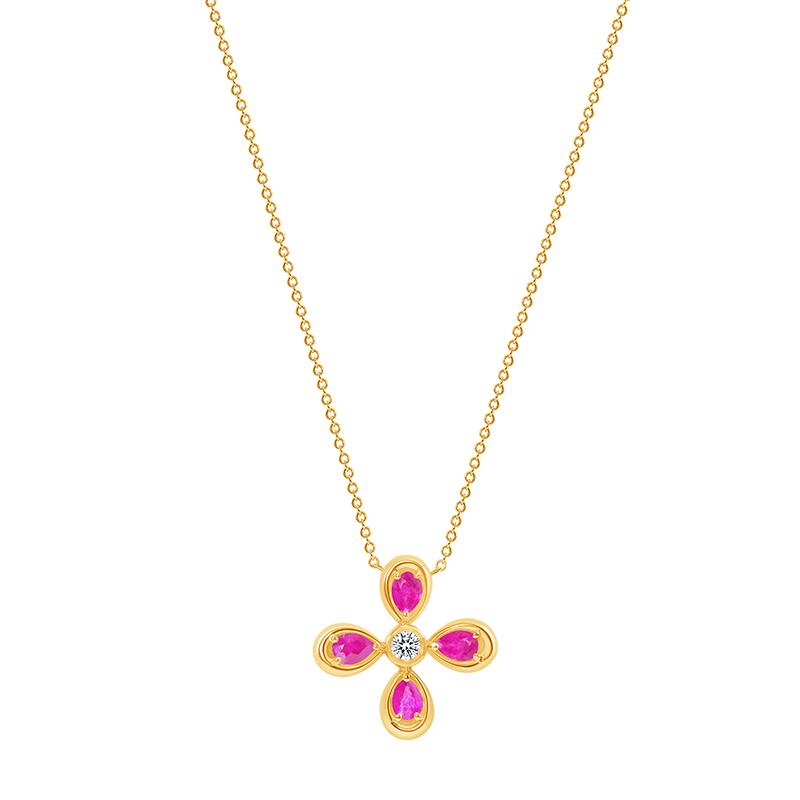 14K Yellow Gold Diamond & Pink Sapphire Flower Pendant - Abtin & Company 