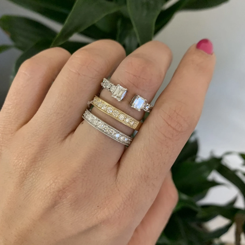 14K Gold Two Stone Emerald-Cut Diamond Open Ring - Abtin & Company 