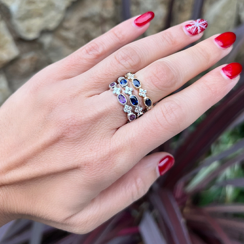 14K Rose Gold Diamond Clover And Milgrain Amethyst Stackable Ring - Abtin & Company 