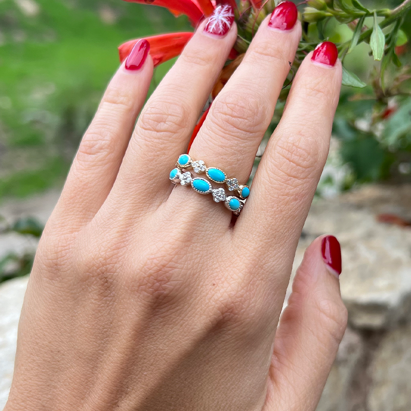 14K Gold Diamond clover and Milgrain Turquoise Stackable Ring - Abtin & Company 