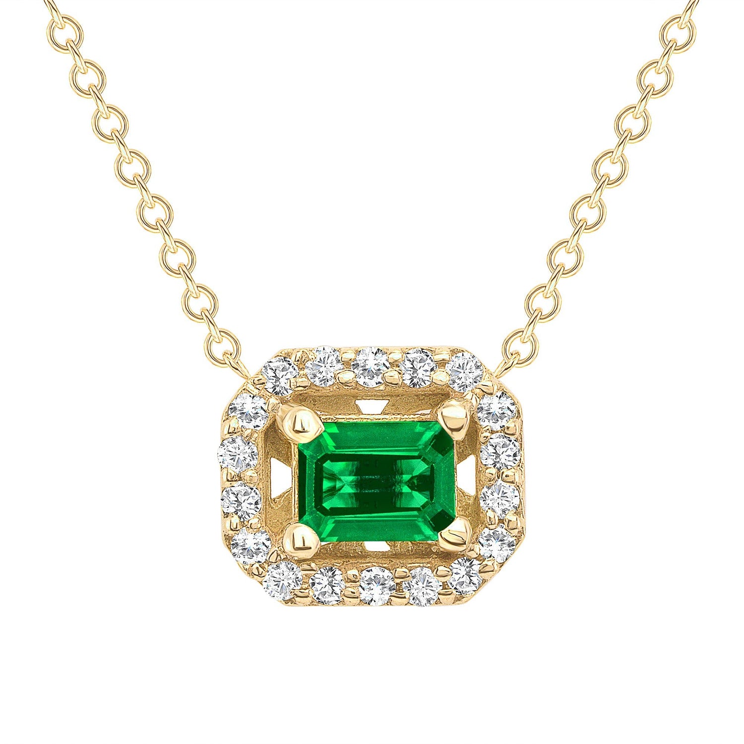 14K Gold Diamond Emerald Halo Necklace Pendant   - Abtin & Co.