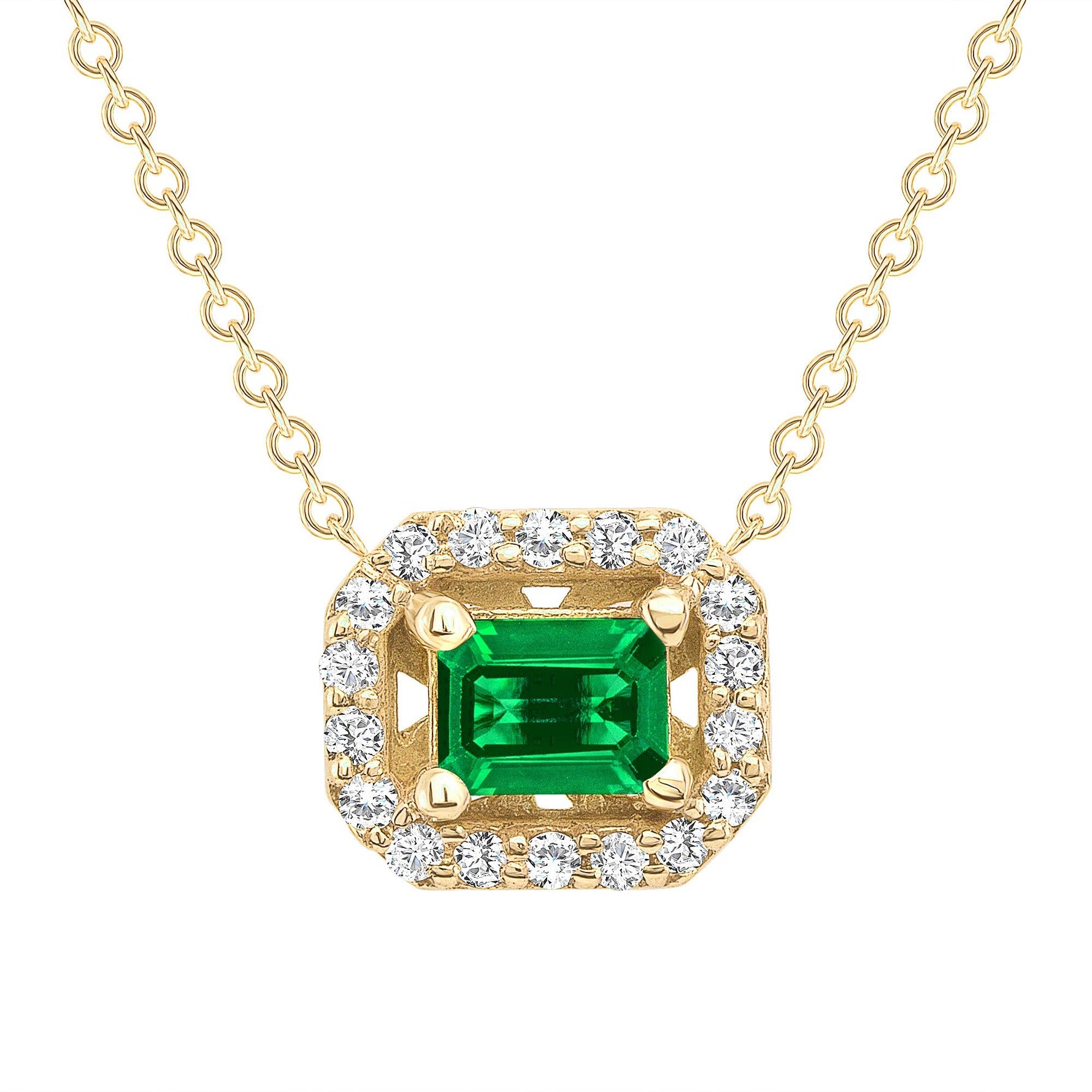 14K Gold Diamond Emerald Halo Necklace Pendant   - Abtin & Co.