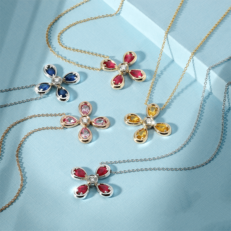 14K Rose Gold Pink Sapphire & Diamond Flower Pendant Pendant ABP-167R-PSF  - Abtin & Co.