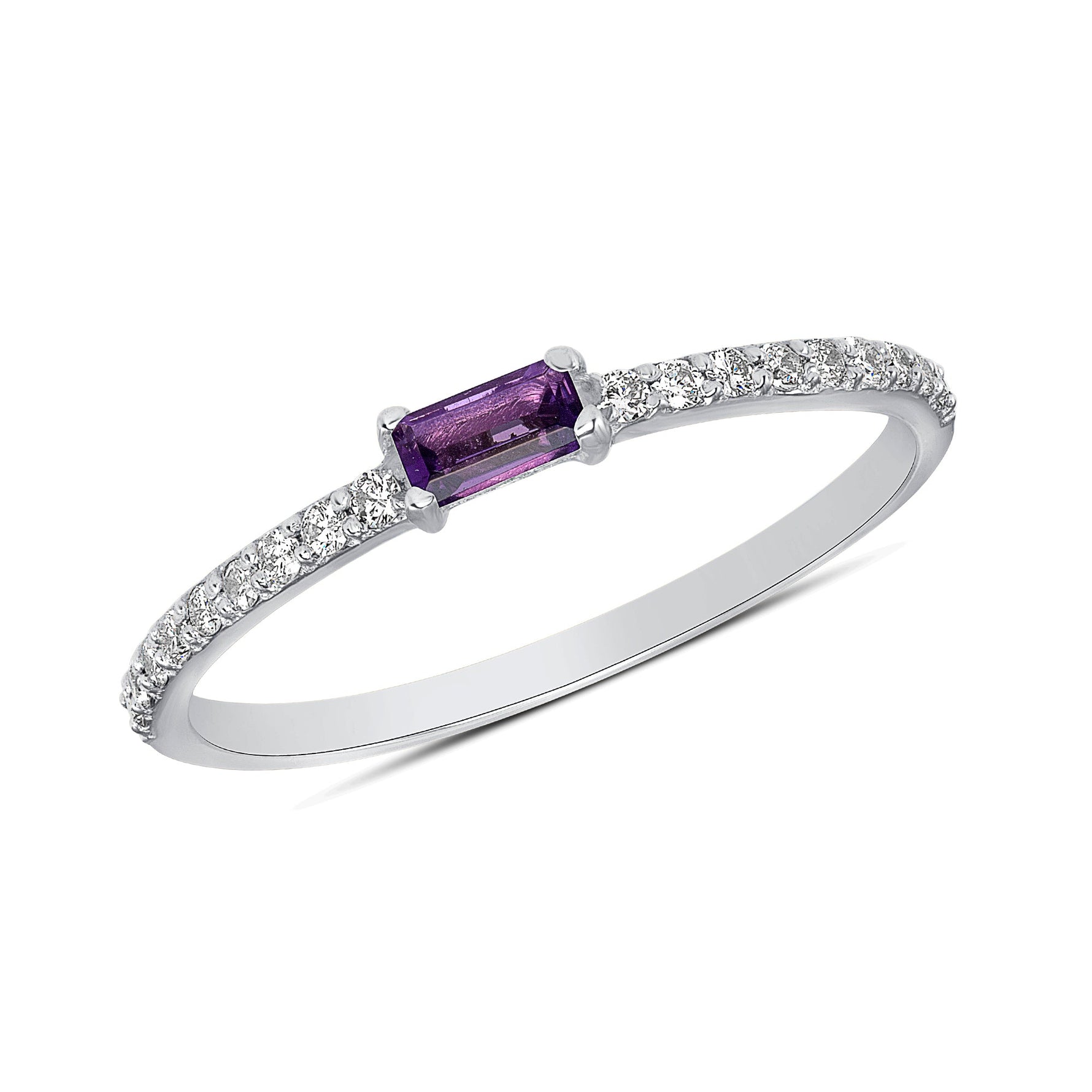 14K White Gold Diamond & Amethyst Baguette Stackable Band Ring ABB-107W-AMD  - Abtin & Co.