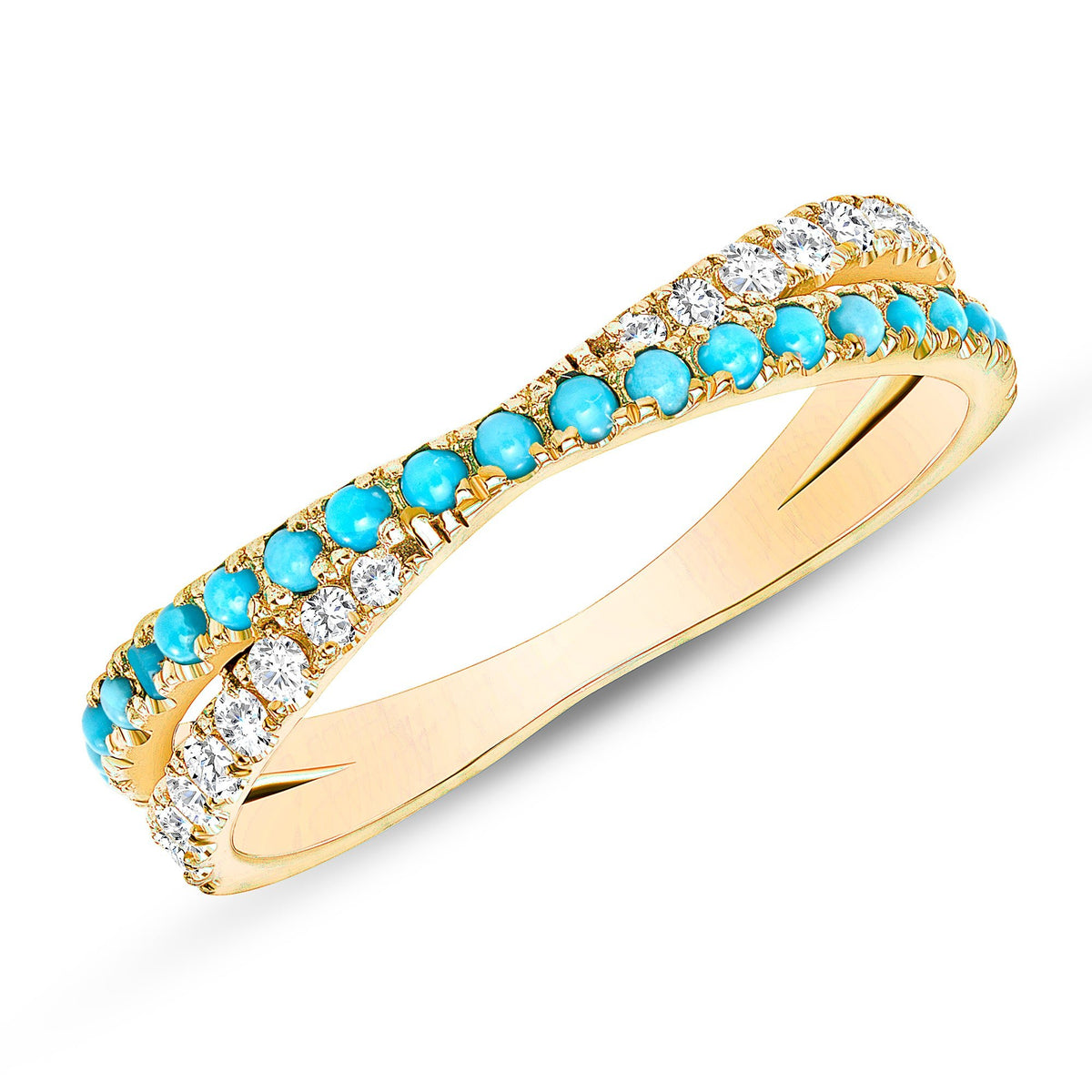 14K Yellow Gold Diamond & Turquoise Criss-Cross Band Ring ABB-276-TQD  - Abtin & Co.