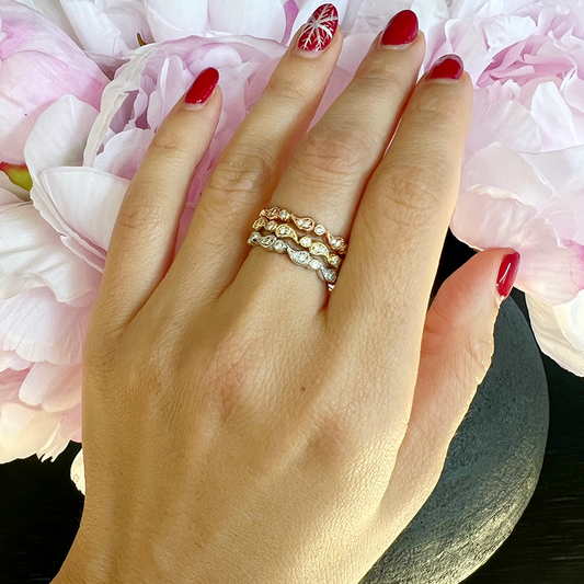 14k Gold Diamond Vintage Milgrain Paisley Stackable Ring Wedding Band - Abtin & Company 
