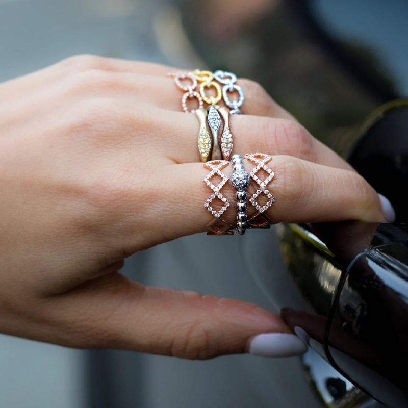 14k Gold Diamond Geometric Shape Stackable Ring Wedding Band - Abtin & Company 