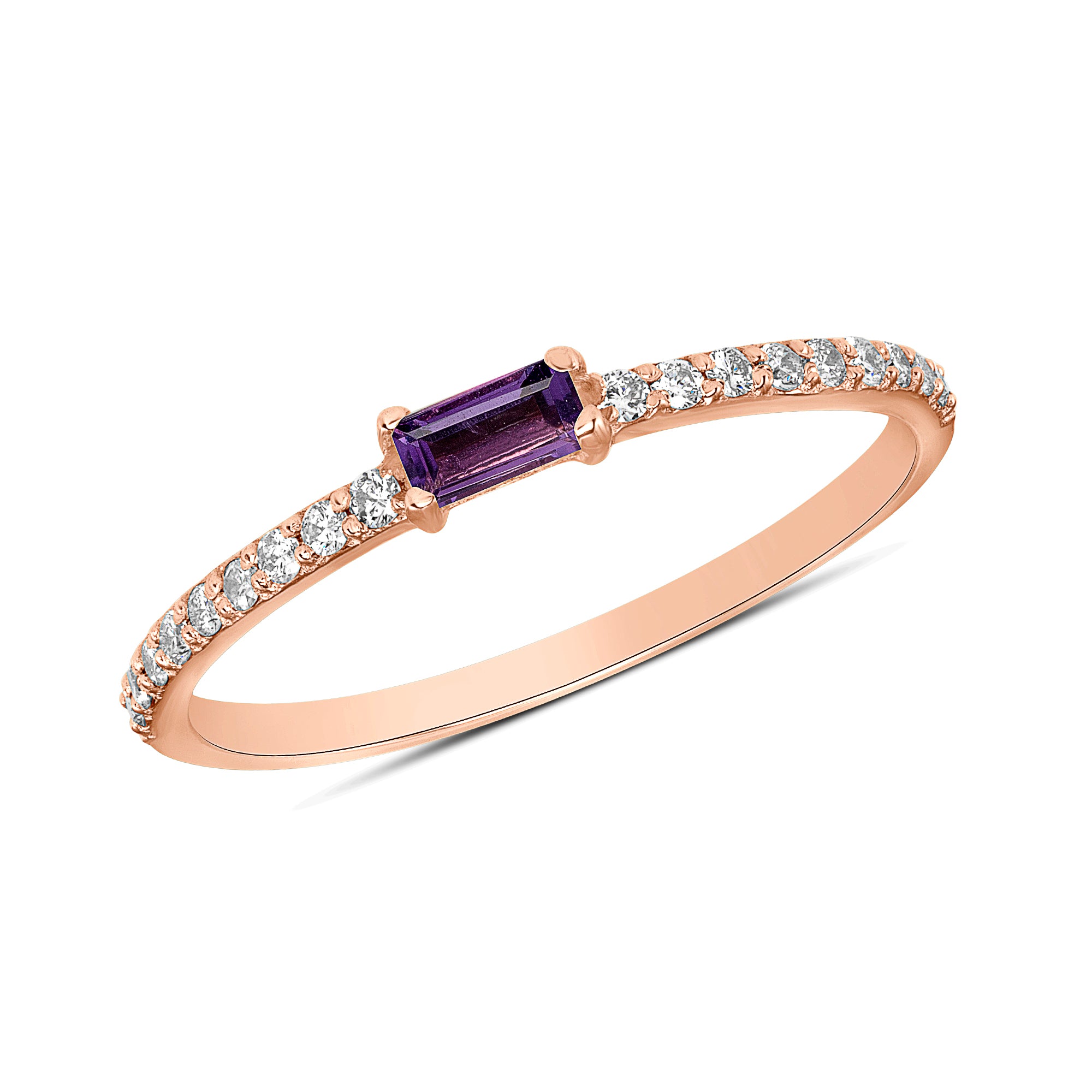 14K Rose Gold Diamond & Amethyst Baguette Stackable/Wedding Band - Abtin & Company 