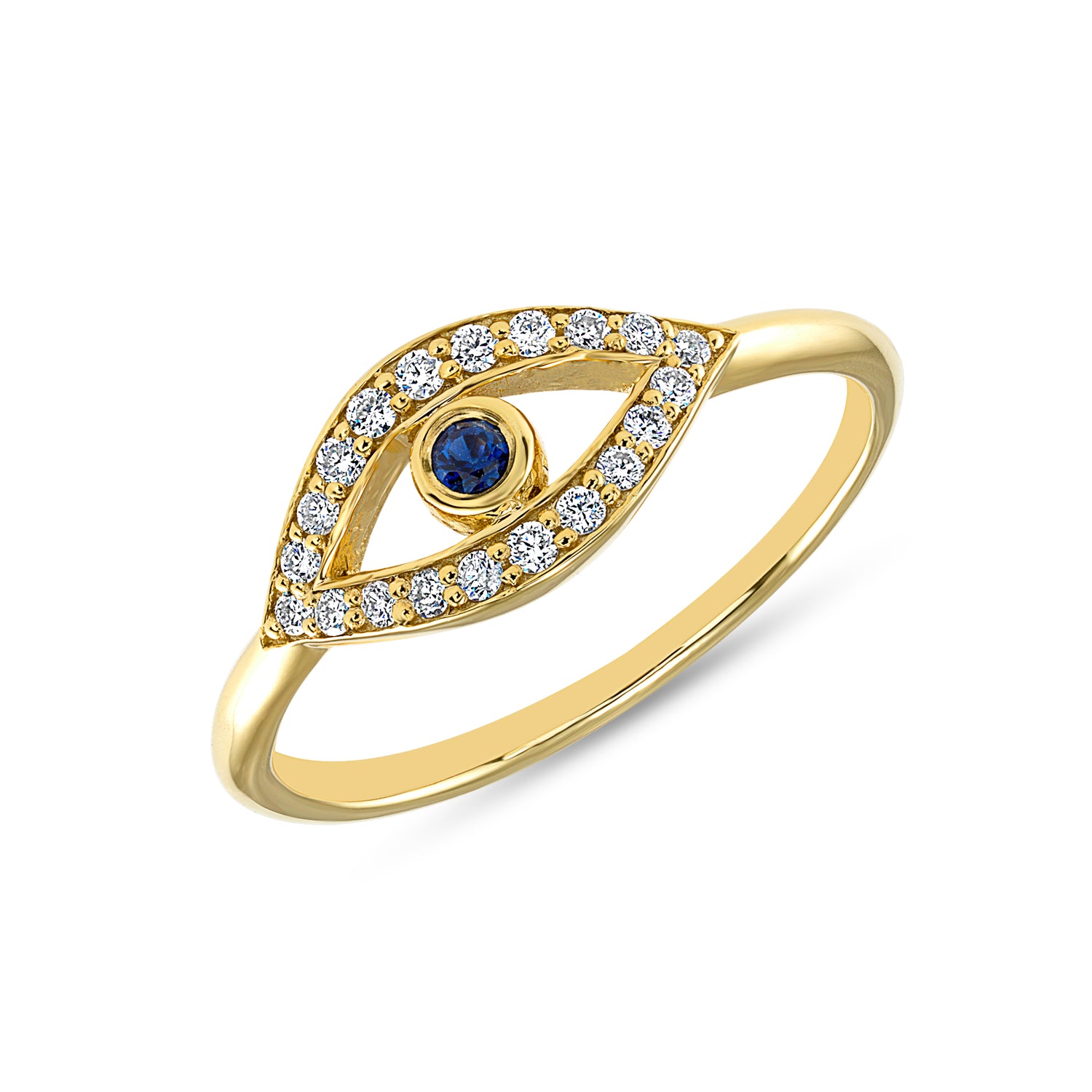 14K Yellow Gold Diamond & Blue Sapphire Evil Eye Ring - Abtin & Company 