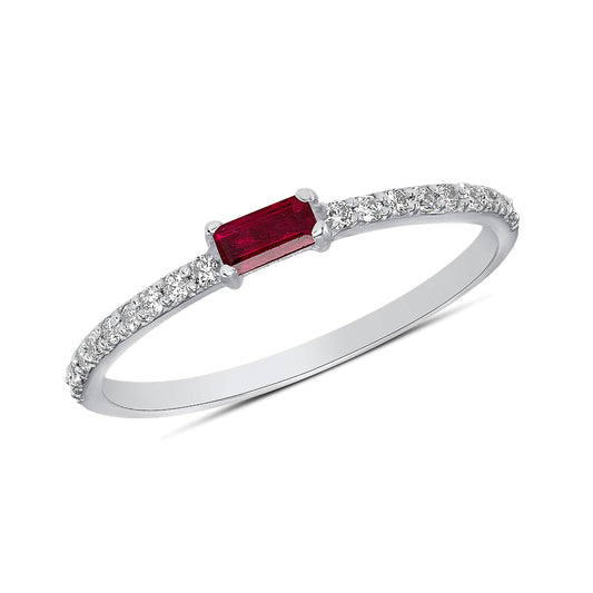 14K White Gold Diamond & Ruby Baguette Stackable Band - Abtin & Company 