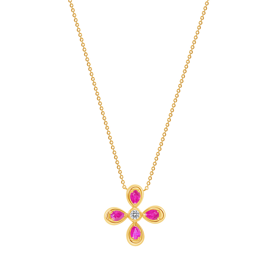 14K Yellow Gold Diamond & Pink Sapphire Flower Pendant - Abtin & Company 