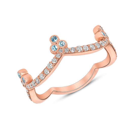 14K Rose Gold Diamond & Aquamarine Crown Ring Stacking Band - Abtin & Company 