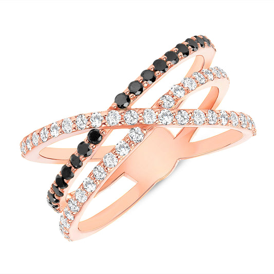 14K Rose Gold Black Diamond & White Diamond Criss-Cross Ring - Abtin & Company 