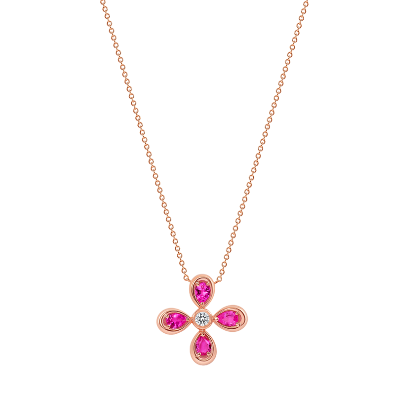 14K Rose Gold Pink Sapphire & Diamond Flower Pendant - Abtin & Company 